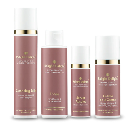 Edles Set des Metamorphose Gesichts-Set von Relight Delight bestehend aus Cleansink Milk, oner, Serum Absolut und Creme de la Creme