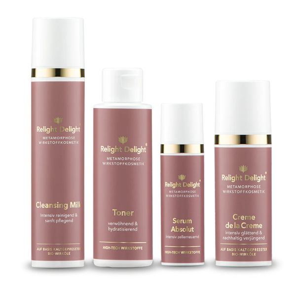 Edles Set des Metamorphose Gesichts-Set von Relight Delight bestehend aus Cleansink Milk, oner, Serum Absolut und Creme de la Creme
