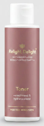Schöne Tube in Altrosa mit goldener und weißer Schrift : Metamorphose Toner verwöhned und hydratisierend - Relight Delight - Gigh Tech Wirkstoffe