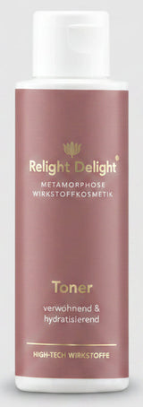 Schöne Tube in Altrosa mit goldener und weißer Schrift : Metamorphose Toner verwöhned und hydratisierend - Relight Delight - Gigh Tech Wirkstoffe