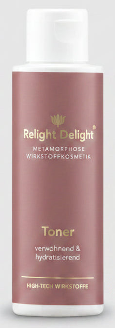 Schöne Tube in Altrosa mit goldener und weißer Schrift : Metamorphose Toner verwöhned und hydratisierend - Relight Delight - Gigh Tech Wirkstoffe
