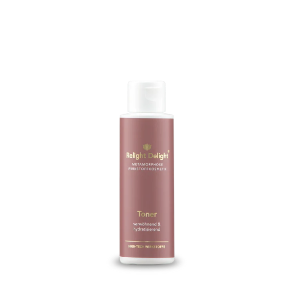 Schöne Tube in Altrosa mit goldener und weißer Schrift : Metamorphose Toner verwöhned und hydratisierend - Relight Delight - Gigh Tech Wirkstoffe