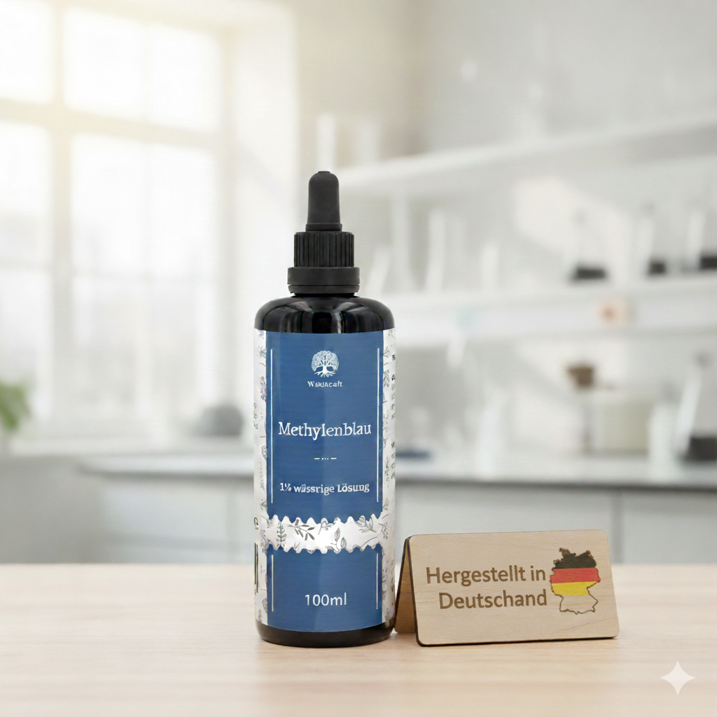 Eine Flasche Waldkraft Methylenblau 1% wässrige Lösung auf einem Holztisch, im Hintergrund ein unscharfes Bild einer hellen Küche oder Laborumgebung. Daneben steht ein kleines Holzschild mit der Aufschrift 'HERGESTELLT IN DEUTSCHLAND' und einer stilisierten Deutschlandkarte in den Nationalfarben.