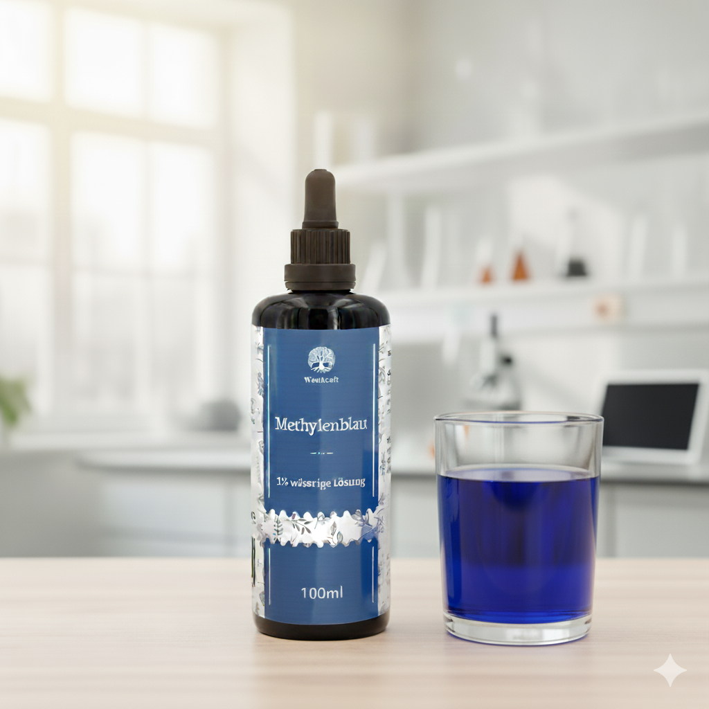 Eine Flasche Waldkraft Methylenblau 1% wässrige Lösung steht neben einem Glas mit blauer Flüssigkeit auf einem hellen Holztisch. Im unscharfen Hintergrund ist eine moderne Küchen- oder Laborumgebung mit einem Fenster und einigen Regalen zu sehen.
