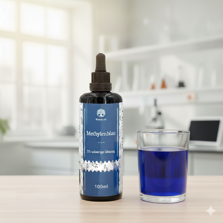 Eine Flasche Waldkraft Methylenblau 1% wässrige Lösung steht neben einem Glas mit blauer Flüssigkeit auf einem hellen Holztisch. Im unscharfen Hintergrund ist eine moderne Küchen- oder Laborumgebung mit einem Fenster und einigen Regalen zu sehen.