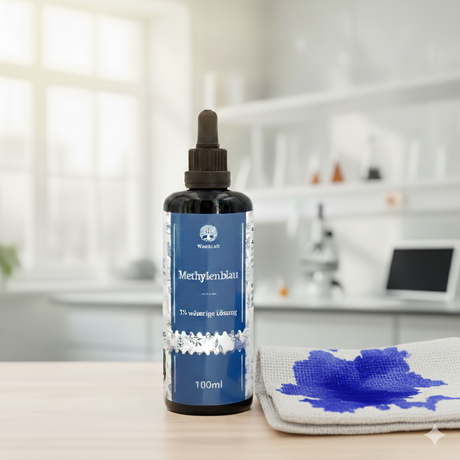 Eine Flasche Waldkraft Methylenblau 1% wässrige Lösung steht auf einem hellen Holztisch. Daneben liegt ein graues Tuch oder Stoffstück mit einem deutlich sichtbaren blauen Fleck aus Methylenblau. Im unscharfen Hintergrund ist eine helle Labor- oder Küchenumgebung mit einem Fenster und verschiedenen Gerätschaften zu erkennen.