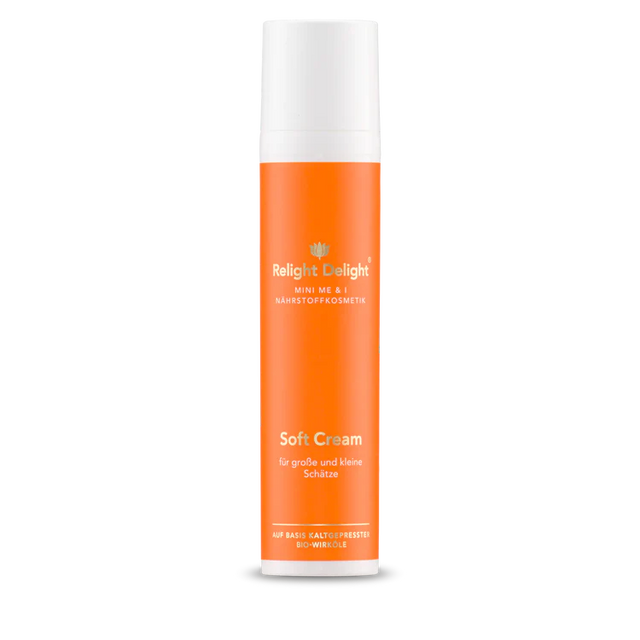 MINIME - SOFT CREAM - FREI VON PARFÜM FÜR KLEINE UND GROSSE SCHÄTZE, DIE PFLEGE FÜR ZARTE UND SAMTIG WEICHE HAUT - 100ml Relight Delight Keine Parabene, Sulfate, Erdöle, Glycerin, usw. Aus kaltgepressten BIO-Wirkölen hergestellt. Recyclebare Verpackung.
