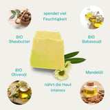 Pflegende Inhaltsstoffe der Lindenblütenseife: Wasser, BIO Babassuöl, BIO Olivenöl, BIO Sheabutter, Mandelöl, NaOH, Rizinusöl, Duftöl und Farbpigmente