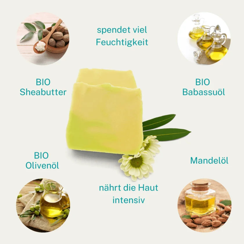 Pflegende Inhaltsstoffe der Lindenblütenseife: Wasser, BIO Babassuöl, BIO Olivenöl, BIO Sheabutter, Mandelöl, NaOH, Rizinusöl, Duftöl und Farbpigmente