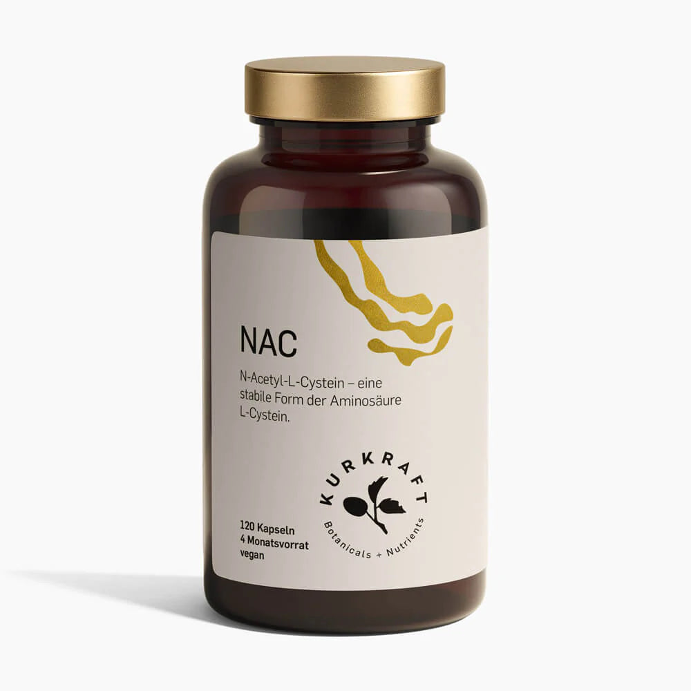 Eine dunkle Dose mit hellem Etikett und schwarzer Aufschrift: NAC - N-Acety-Cystein - eine stabile Form der Aminosäure L-Cystein - 120 Kapseln, 4 Monatsvorrat, vegan -KURKRAFT