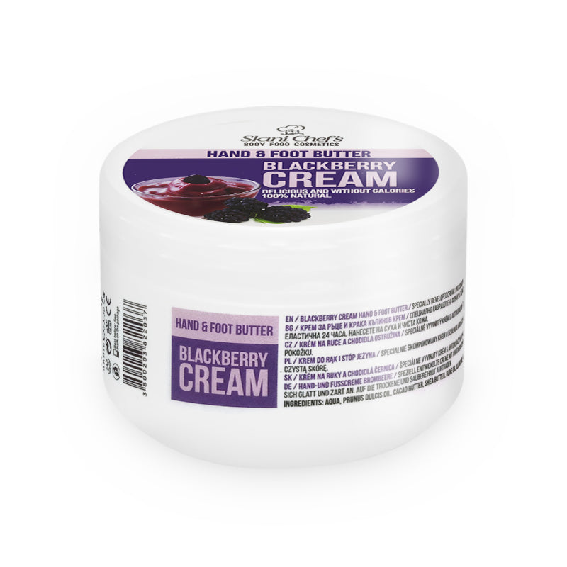 „Weiße Dose der Brombeer Hand- und Fußcreme, dekoriert mit frischen Brombeeren und sichtbarer Produktbezeichnung.“