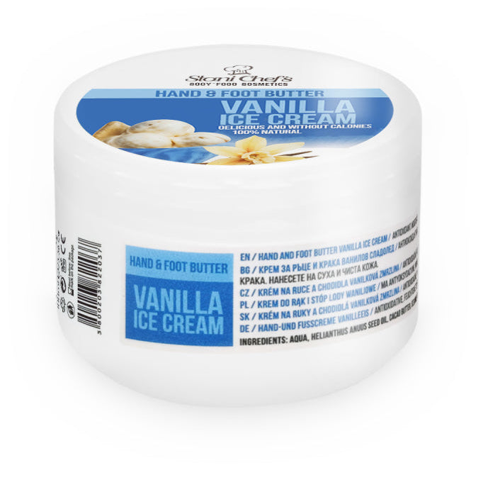   
Runde weiße Dose der „Hand & Foot Butter Vanilla Ice Cream“ von Star Chef’s Body Food Cosmetics, mit blau‑weißem Etikett, Vanilleblüten und Vanilleeis‑Abbildung auf dem Deckel.