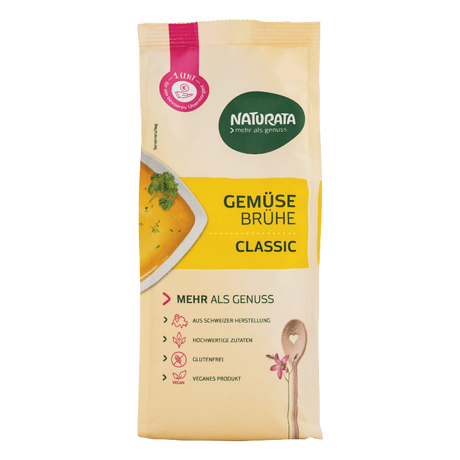 „Naturata Gemüsebrühe Classic bio, 500 g Nachfüllbeutel, kräftige vegane Brühe ohne Palmöl.“