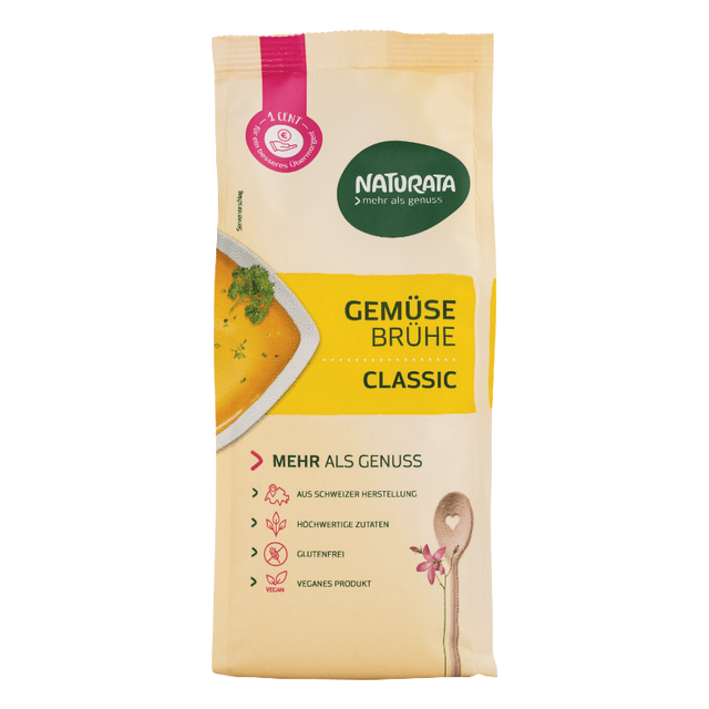 „Naturata Gemüsebrühe Classic bio, 500 g Nachfüllbeutel, kräftige vegane Brühe ohne Palmöl.“
