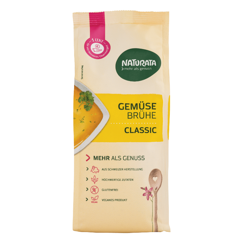 „Naturata Gemüsebrühe Classic bio, 500 g Nachfüllbeutel, kräftige vegane Brühe ohne Palmöl.“