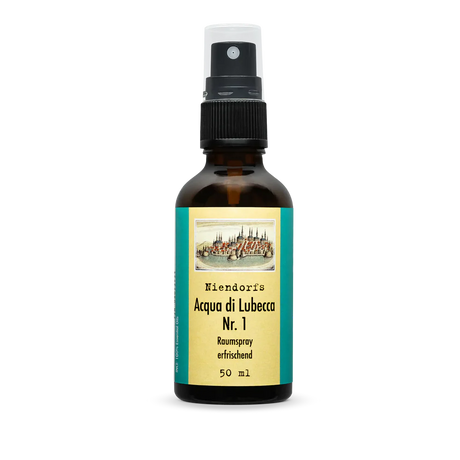 50ml Braunglasflasche mit blau und gelbem Etikett und der Aufschrift: Niendorfs Acqua di Lubecca Nr. 1 Raumspray erfrischend