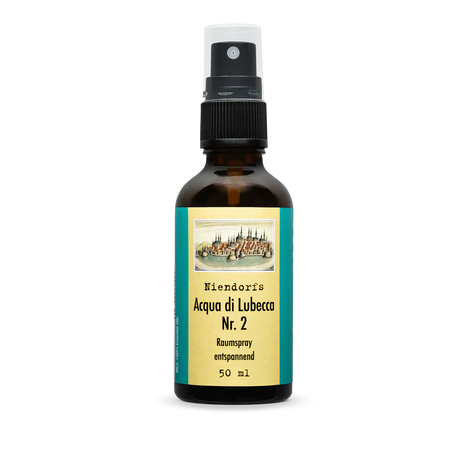 50 ml Braunglasflasche mit  Aufschrift Niendorfs Acqua di Lubecca Nr.2 Raumspray entspannend 