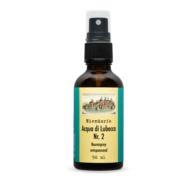 50 ml Braunglasflasche mit  Aufschrift Niendorfs Acqua di Lubecca Nr.2 Raumspray entspannend 