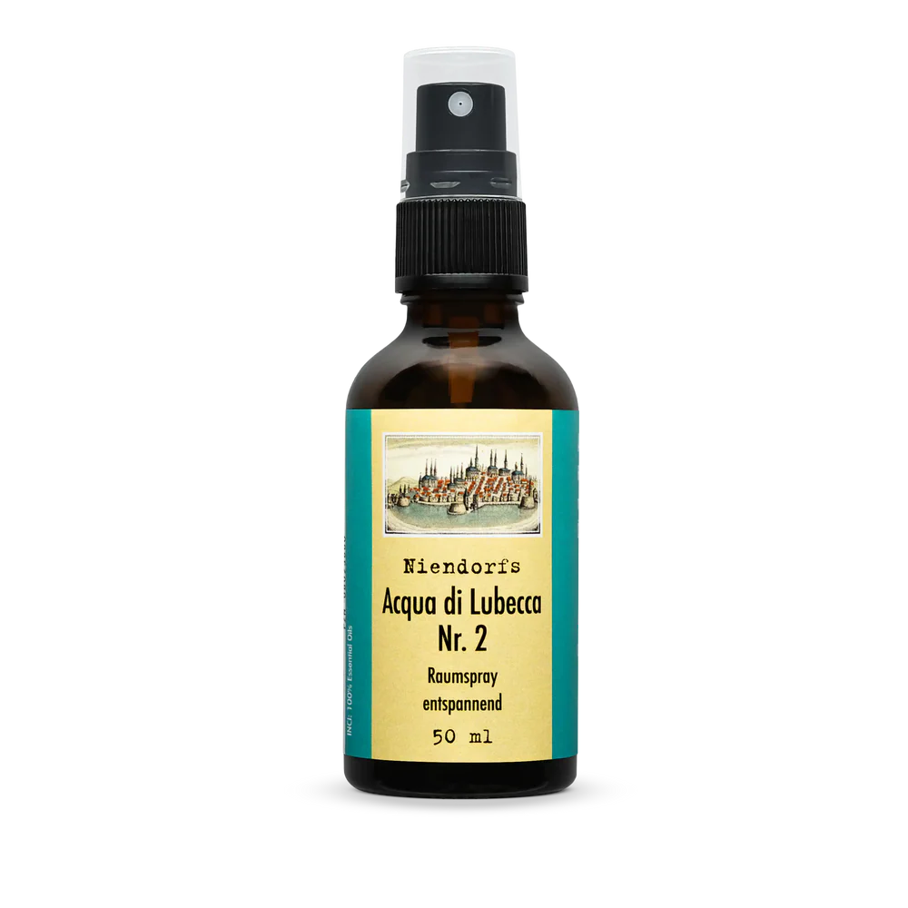 50 ml Braunglasflasche mit  Aufschrift Niendorfs Acqua di Lubecca Nr.2 Raumspray entspannend 