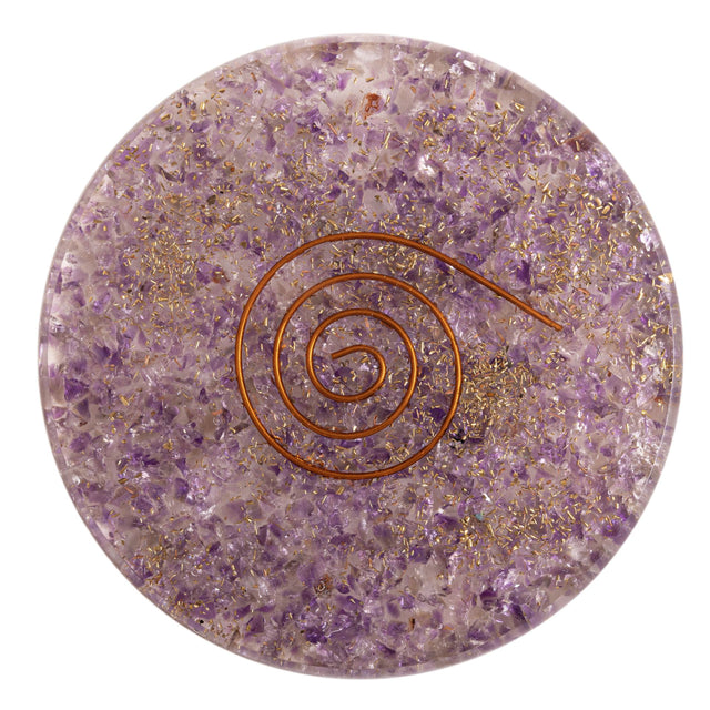 Runder Orgon Untersetzer mit Amethyst Edelsteinen 8 cm Durchmesser
