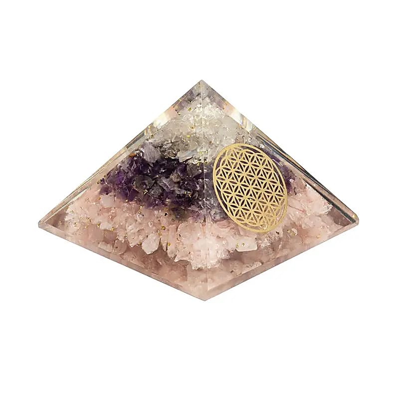 Orgonit Pyramide Goldenes Dreieck mit Blume des Lebens 7,5 cm
