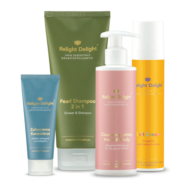 Komplettes Pflege-Set für Kinder - Mein kleiner Kuschelbär von Relight Delight bestehend aus Zahncreme, Shampoo, Hand und Körper Waschlotion und Soft Cream