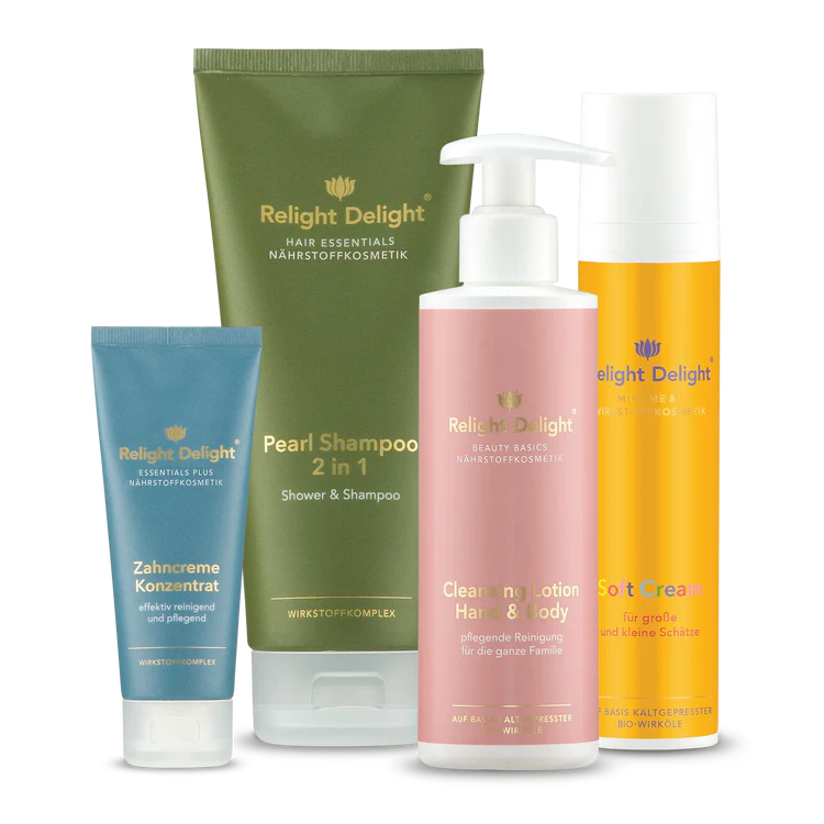 Komplettes Pflege-Set für Kinder - Mein kleiner Kuschelbär von Relight Delight bestehend aus Zahncreme, Shampoo, Hand und Körper Waschlotion und Soft Cream