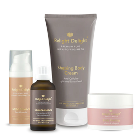 Pflege-Set für straffe Haut - Body Lift -von Relight Delight bestehend aus MSM Essence, Quintessence, Shaping Body Cream und Body Peeling