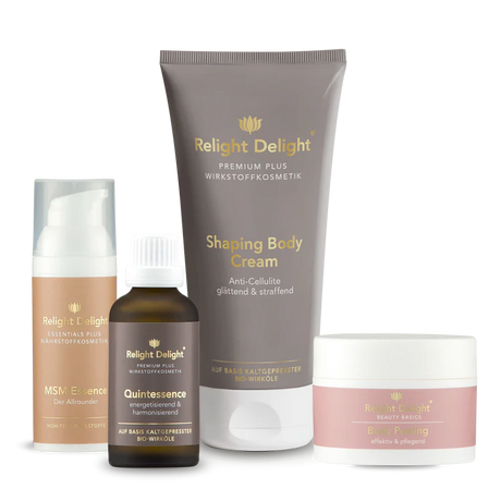 Pflege-Set für straffe Haut - Body Lift -von Relight Delight bestehend aus MSM Essence, Quintessence, Shaping Body Cream und Body Peeling