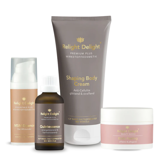 Pflege-Set für straffe Haut - Body Lift -von Relight Delight bestehend aus MSM Essence, Quintessence, Shaping Body Cream und Body Peeling