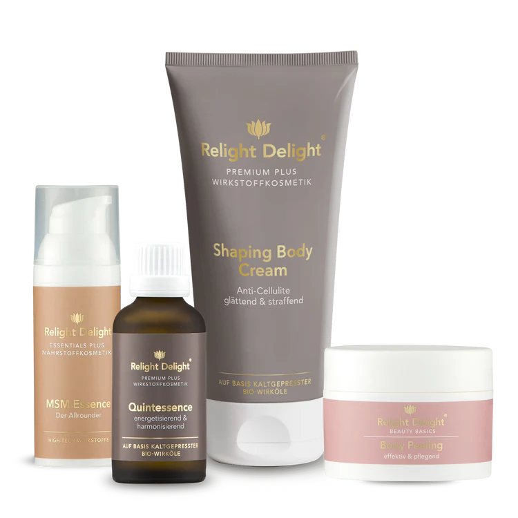 Pflege-Set für straffe Haut - Body Lift -von Relight Delight bestehend aus MSM Essence, Quintessence, Shaping Body Cream und Body Peeling
