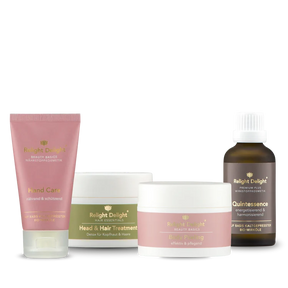Pflege-Set für trockene Füße - Happy Feet von Relight Delight bestehend aus Hand Care, Head & Hair Treatment, Body Peeling und Quintessence