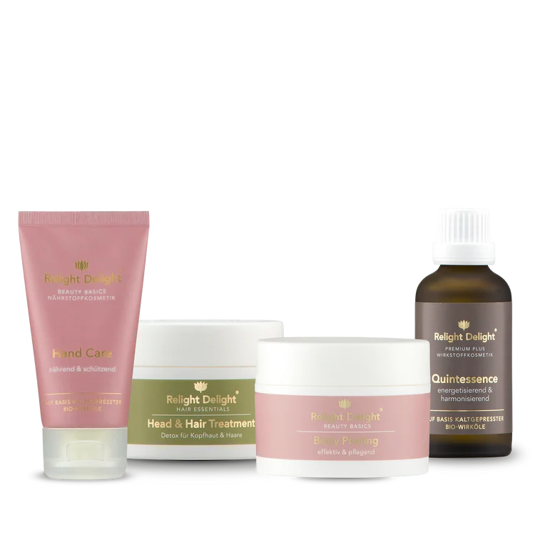 Pflege-Set für trockene Füße - Happy Feet von Relight Delight bestehend aus Hand Care, Head & Hair Treatment, Body Peeling und Quintessence