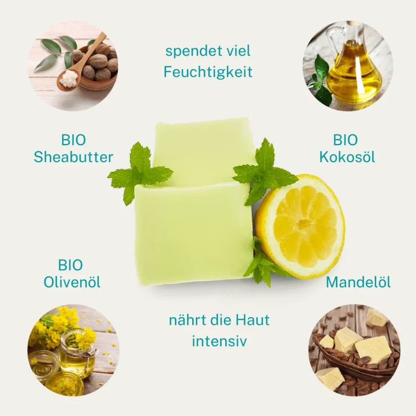 Natürliche Inhaltsstoffe der Minze-Zitrone Seife: Bio-Sheabutter, Mandelöl, Olivenöl und Kokosöl – pflegend und hautfreundlich