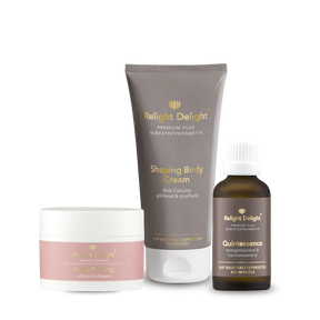 Pflegeset für müde und schwere Beine von Reliht Delight bestehend aus: Body Peeling, Shaping Body Cream und Quintessence