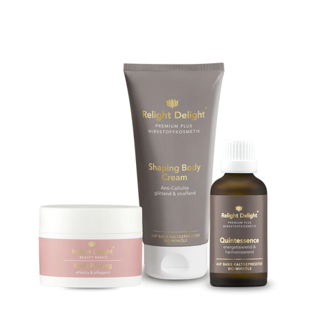 Pflegeset für müde und schwere Beine von Reliht Delight bestehend aus: Body Peeling, Shaping Body Cream und Quintessence