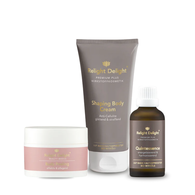 Pflegeset für müde und schwere Beine von Reliht Delight bestehend aus: Body Peeling, Shaping Body Cream und Quintessence
