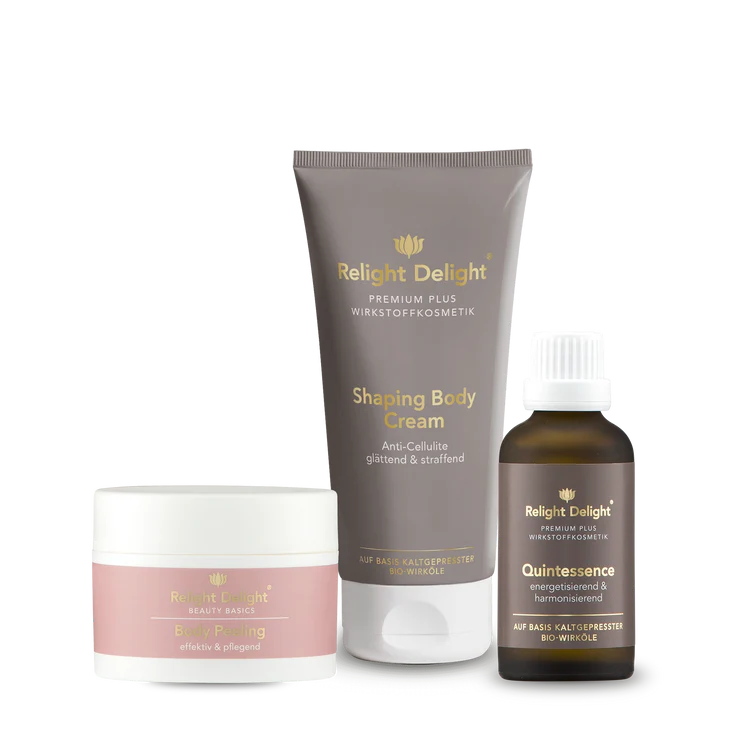 Pflegeset für müde und schwere Beine von Reliht Delight bestehend aus: Body Peeling, Shaping Body Cream und Quintessence