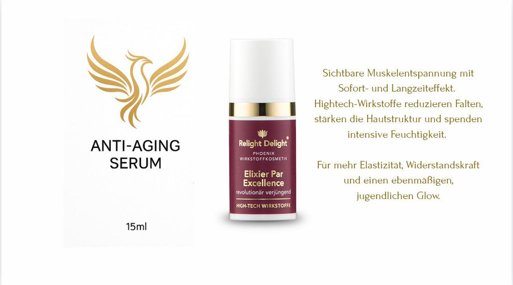 Eine Tube Phoenix Elixier - 15ml - Premium Verjüngungs-Serum für professionelle Anti-Aging Hautpflege ist mittig im Bild rechts eine Schrift in Gold auf der lesbar ist: Sichtbare Muskelentspannung mit Sofort- und Langzeiteffekt. Hightech-Wirkstoffe reduzieren Falten, stärken die Hautstruktur und spenden intensive Feuchtigkeit. Für mehr Elastizität, Widerstandskraft und einen ebenmäßigen, jugendlichen Glow. "