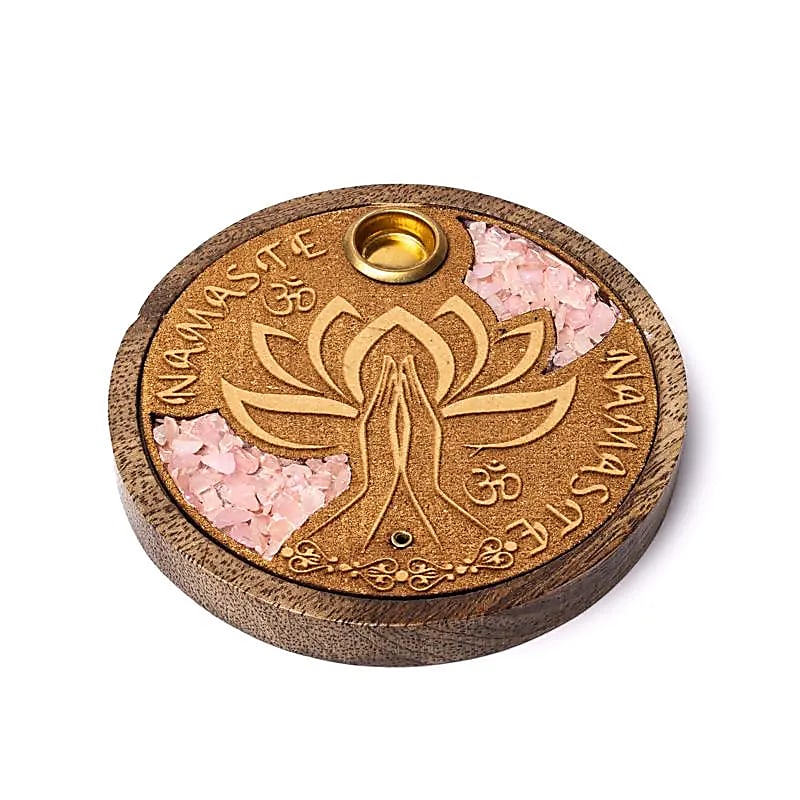 Namaste mit Rosenquarz Holzhalter für Räucherstäbchen
