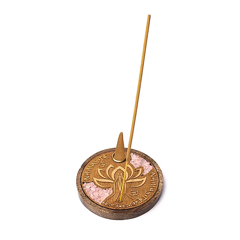 Namaste mit Rosenquarz Holzhalter für Räucherstäbchen