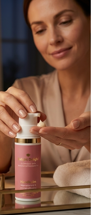 Eine Frau trägt den Relight Delight Handbalm aus einer rosa Spenderflasche auf ihre Hand auf. Die Szene vermittelt ein entspanntes Pflegeerlebnis in einer warmen, gemütlichen Atmosphäre mit dem Schriftzug: 'Ein Moment der Pflege: Regenerierend & Intensiv Pflegend'.