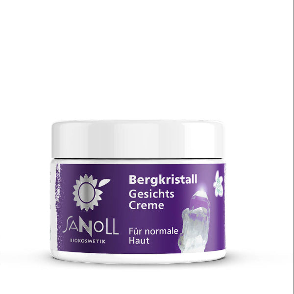 „Sanoll Bergkristall Gesichtscreme – Für normale Haut - bio-vegane Naturkosmetik Gesichtscreme in einem 30 ml Glastiegel mit weißem Etikett, fotografiert auf weißem Hintergrund.“