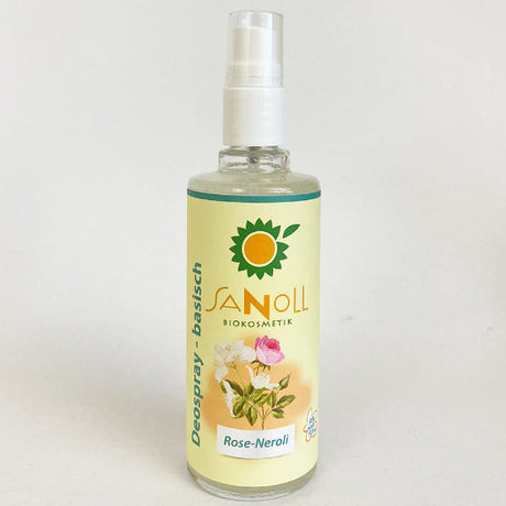 Glasflasche mit Zerstäuber Sanoll Deospray basisch Rose-Neroli – Bio Deospray mit blumigem Duft, 100 ml
