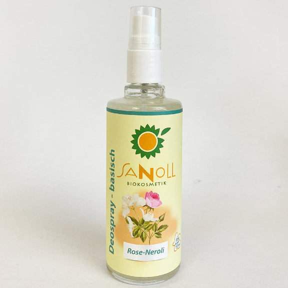 Glasflasche mit Zerstäuber Sanoll Deospray basisch Rose-Neroli – Bio Deospray mit blumigem Duft, 100 ml
