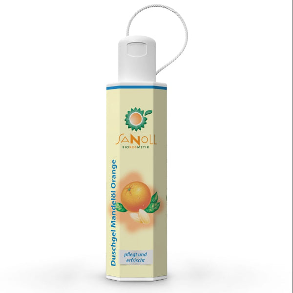 „Sanoll Duschgel Mandelöl-Orange –  pflegt und erfrischt - naturkosmetisches Duschgel in einer 200 ml Flasche mit orangefarbenem Etikett, fotografiert auf weißem Hintergrund.“