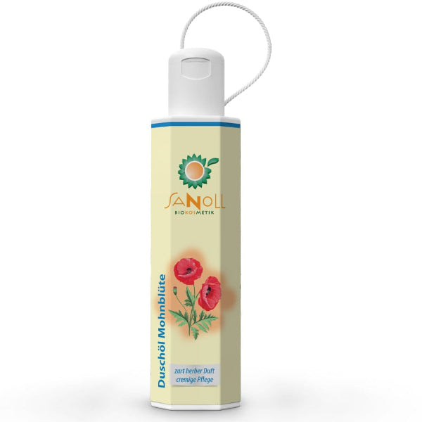 „Sanoll Duschöl Mohnblüte –  zart herber Duft, cremige Pflege - naturkosmetisches Duschöl in einer 200 ml Flasche mit blumigem Etikett, fotografiert auf weißem Hintergrund.“