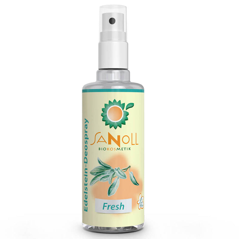 Glasflasche mit Zerstäuber und Aufschrift:  Sanoll Edelstein-Deospray Fresh – Bio Deospray mit Edelsteinen, 100 ml, kühlend & erfrischend