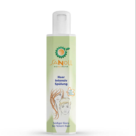 „Sanoll Haar Intensiv Spülung – Seidiger Glanz bei feinem Haar - naturkosmetische Haarspülung in einer 200 ml Flasche mit weiß-grünem Etikett, fotografiert auf weißem Hintergrund.“