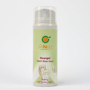 „Sanoll Haargel Hanf Aloe Vera – Styling mit festem Halt - naturkosmetisches Styling Gel in einer 100 ml Tube mit grünem Etikett, fotografiert auf weißem Hintergrund.“